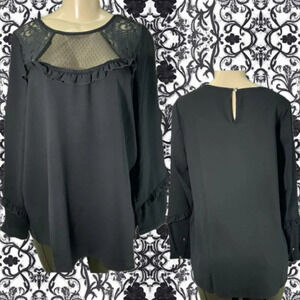 Castaluna 12W/L Black Sheer Lace Yolk Crew Neck Ruffle Accent Long Sleeve Blouse